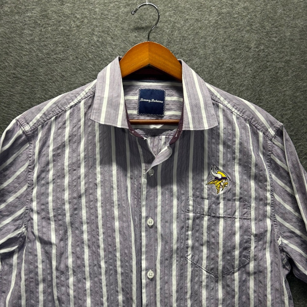 Tommy Bahama Mens Purple White Stripe Silk Cotton Shirt Vikings Logo‎ L